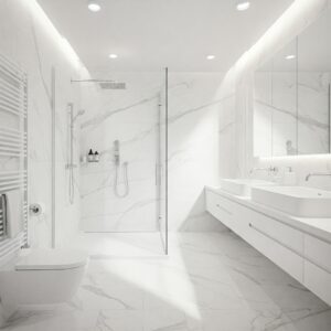 Luxurious All-White Modern Bathroom with Clean Lines and Ample Light