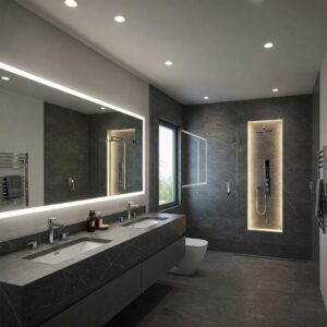 Modern Bathroom Demonstrating a Well-Executed Layered Lighting Scheme