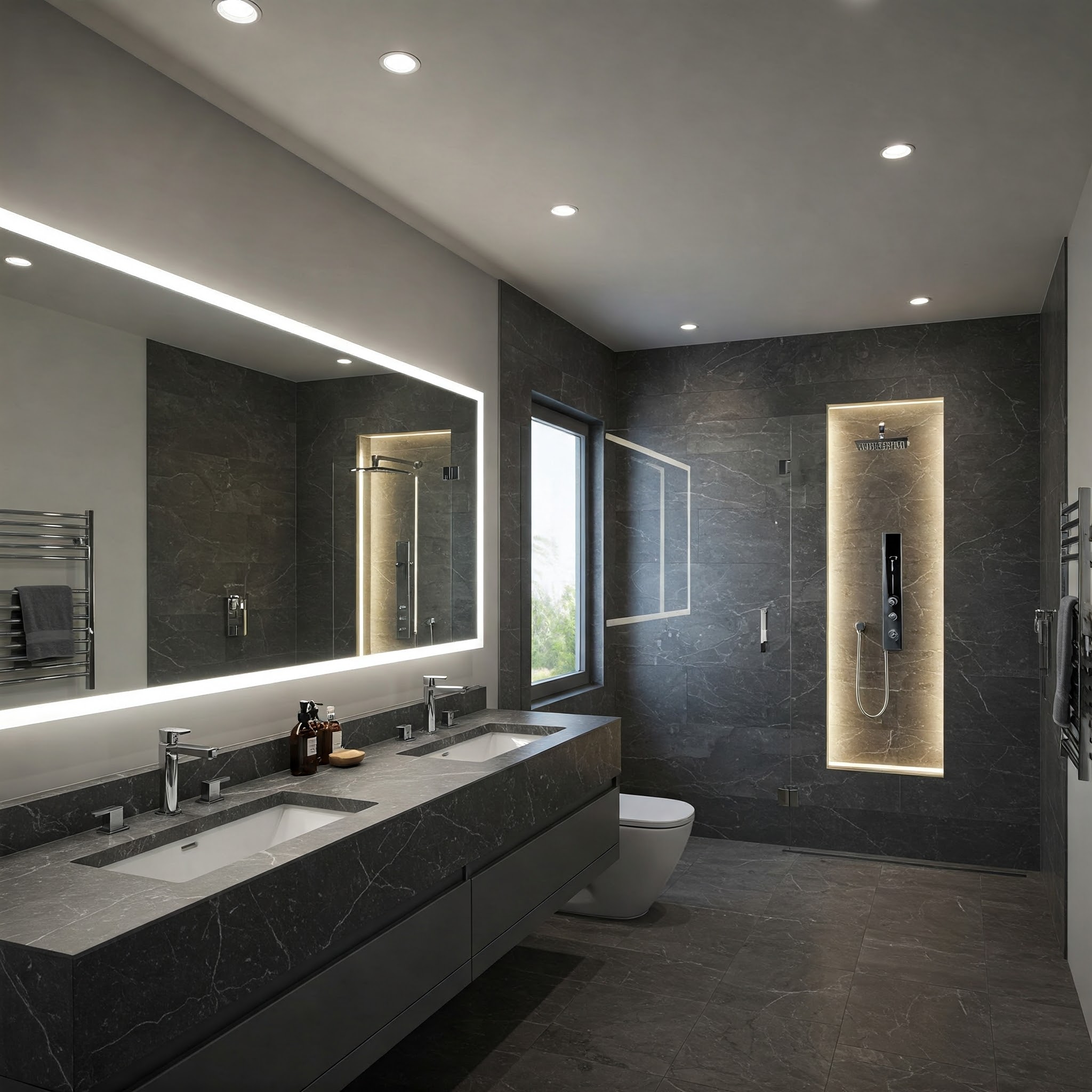 Modern Bathroom Demonstrating a Well-Executed Layered Lighting Scheme