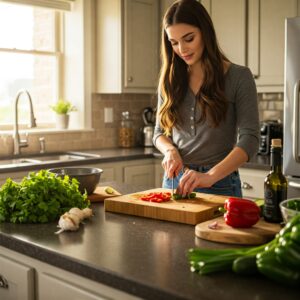 Kitchen Countertop Serving as a Functional Workspace for Food Preparation