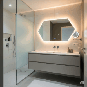 Modern Bathroom Featuring a Stylish Statement Mirror as a Key Design Element
