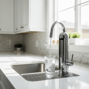 Glass of Freshly Filtered Water Being Poured from Kitchen Filtration System Faucet
