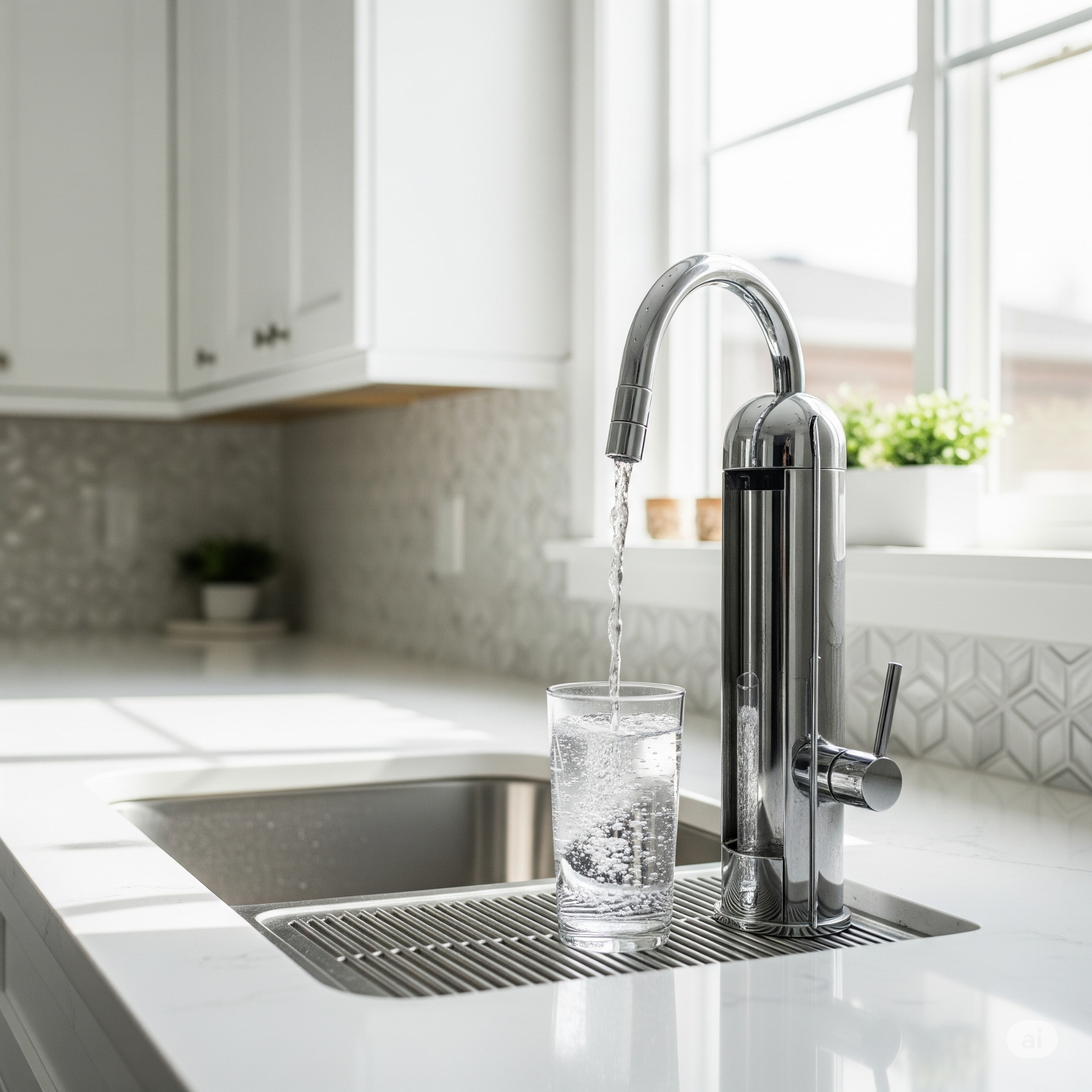 Glass of Freshly Filtered Water Being Poured from Kitchen Filtration System Faucet