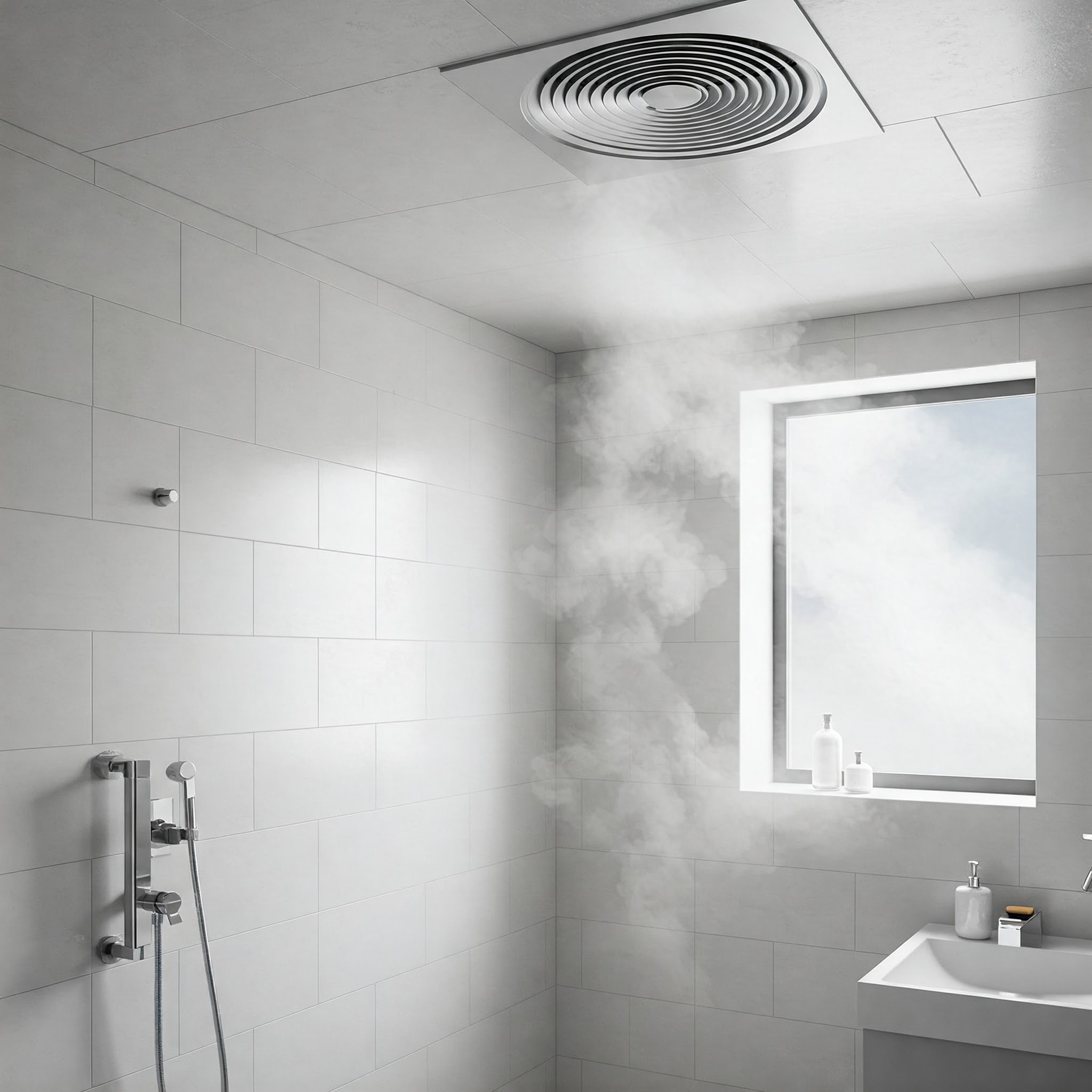 Modern Bathroom Exhaust Fan Effectively Removing Steam During Shower Use